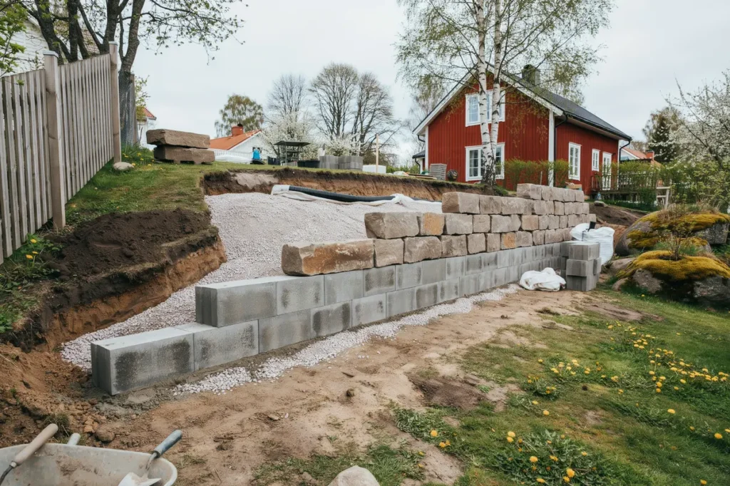 mura st dmur i sluttande tr dg rd r tt grund dr nering och material f r ett h llbart resultat